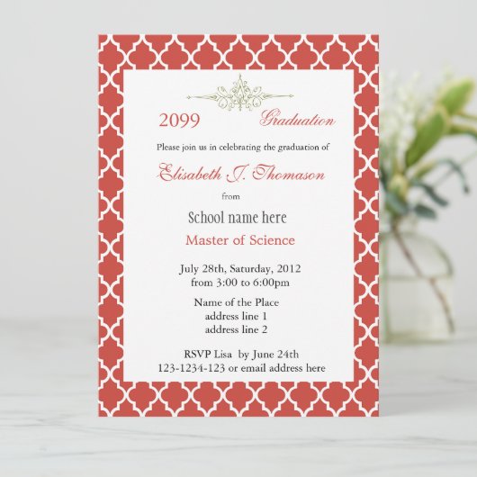 Elegant rood quatrefolie afstuderen kaart (Staand voorkant)