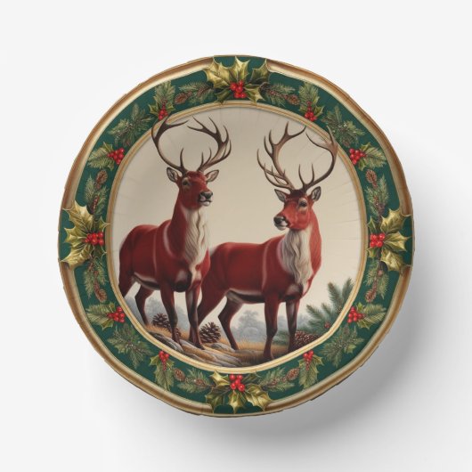Elegant Rood Rendier Moose Goud Holly vrolijk Xmas Papieren Kommen (Voorkant)