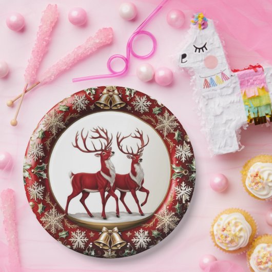 Elegant Rood Rendier Moose Gouden sneeuw vrolijk X Papieren Bordje (Feest)