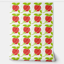 Elegant rood roos en groen blad patroon behang