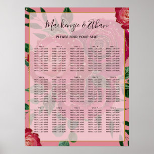 Elegant  Rood Roses Wedding Seating Chart Poster