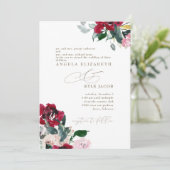 Elegant rood & roze bloemig beide ouders bruiloft kaart (Staand voorkant)