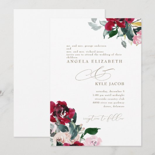 Elegant rood & roze bloemig beide ouders bruiloft kaart (Voorkant / Achterkant)