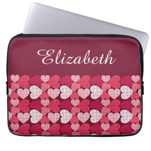 Elegant Rood Roze Jigsaw Puzzel Hart Patroon Naam Laptop Sleeve