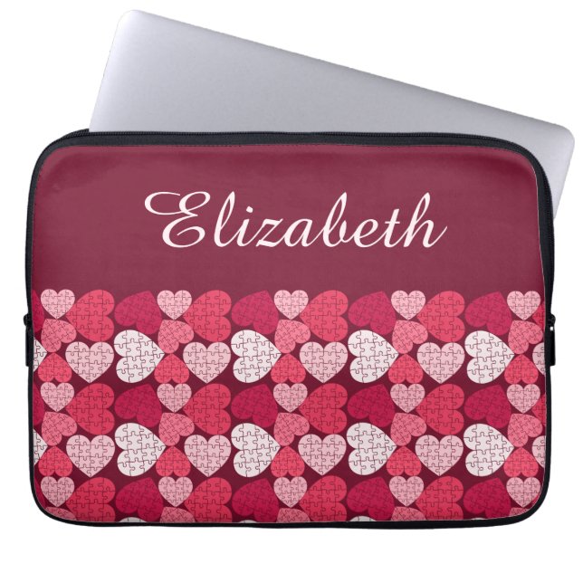 Elegant Rood Roze Jigsaw Puzzel Hart Patroon Naam Laptop Sleeve (Voorkant)