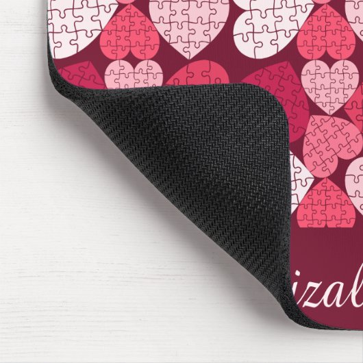 Elegant Rood Roze Jigsaw Puzzel Hart Patroon Naam Muismat (Hoek)