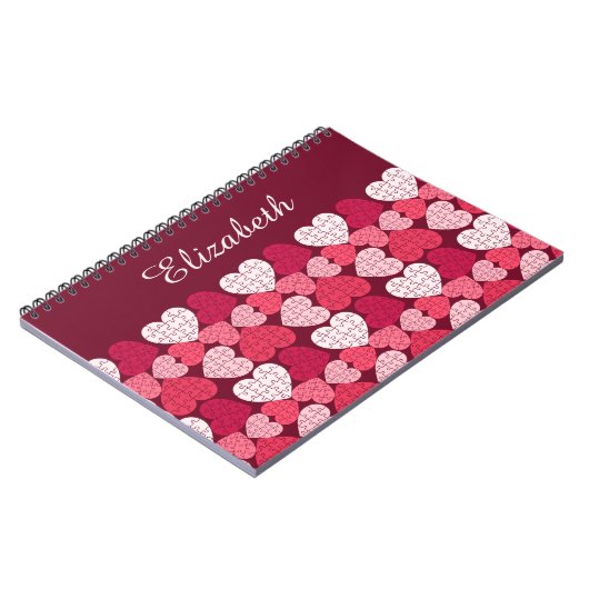 Elegant Rood Roze Jigsaw Puzzel Hart Patroon Naam Notitieboek (Linkerzijde)