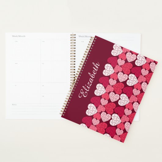 Elegant Rood Roze Jigsaw Puzzel Hart Patroon Naam Planner (Display)