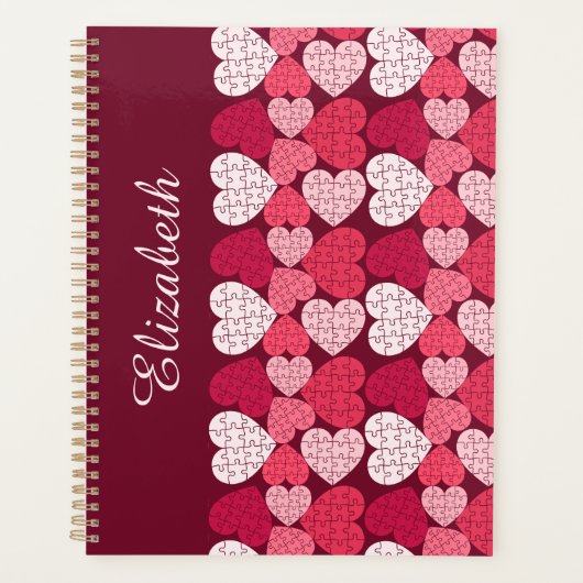 Elegant Rood Roze Jigsaw Puzzel Hart Patroon Naam Planner (Voorkant)