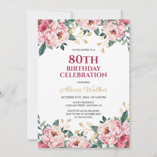 Elegant Rood Roze Pioen Bloem Goud Blad Verjaardag Kaart (Voorkant)