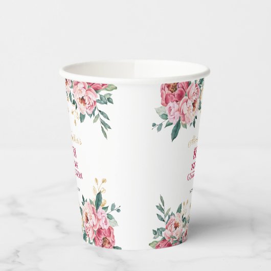 Elegant Rood Roze Pioen Bloem Goud Blad Verjaardag Papieren Bekers (Links)