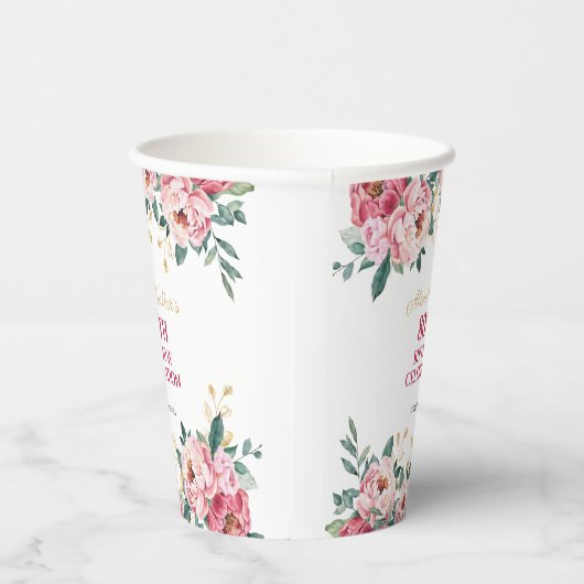 Elegant Rood Roze Pioen Bloem Goud Blad Verjaardag Papieren Bekers (Rechts)