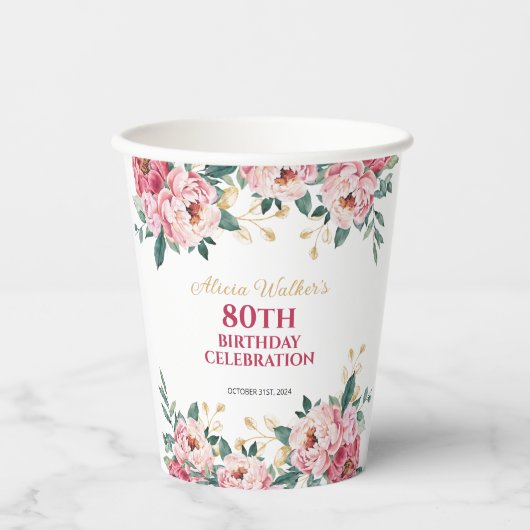 Elegant Rood Roze Pioen Bloem Goud Blad Verjaardag Papieren Bekers (Voorkant)