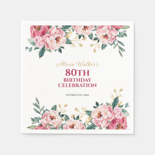 Elegant Rood Roze Pioen Bloem Goud Blad Verjaardag Servet (Voorkant)