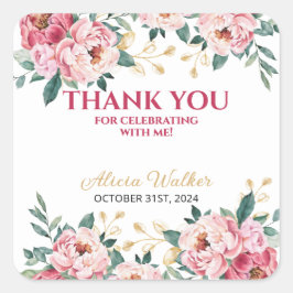 Elegant Rood Roze Pioen Bloem Goud Blad Verjaardag Vierkante Sticker