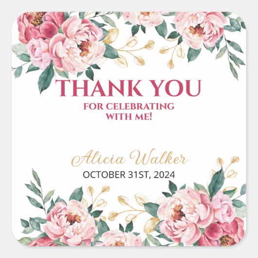 Elegant Rood Roze Pioen Bloem Goud Blad Verjaardag Vierkante Sticker (Voorkant)