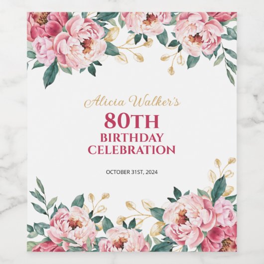 Elegant Rood Roze Pioen Bloem Goud Blad Verjaardag Wijn Etiket (Enkel label)