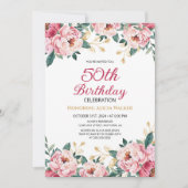 Elegant Rood Roze Pioen Bloemen Goud Blad Verjaard Kaart (Voorkant)