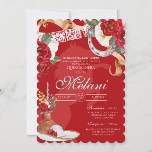Elegant rood rustiek wild Roos Charro Quinceanera Kaart (Voorkant)