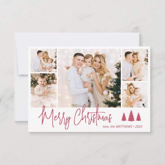 Elegant Rood Script 5 Fotocollage Kerst Kaart (Voorkant)