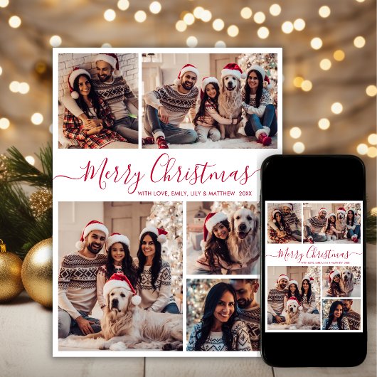 Elegant Rood Script 5 Fotocollage Kerstmis Feestdagenkaart