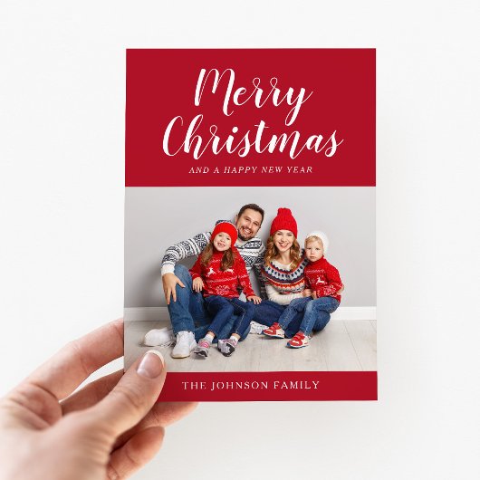 Elegant rood script één kerstfoto feestdagenkaart