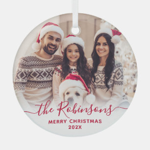 Elegant rood script familie foto vrolijk kerstfees glas ornament