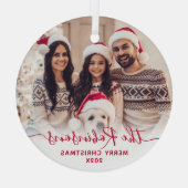 Elegant rood script familie foto vrolijk kerstfees glas ornament (Achterkant)