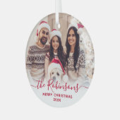 Elegant rood script familie foto vrolijk kerstfees glas ornament (Voorkant links)