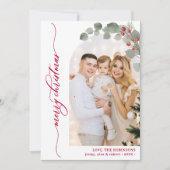 Elegant rood script gebladerte foto boog kerst feestdagenkaart (Voorkant)