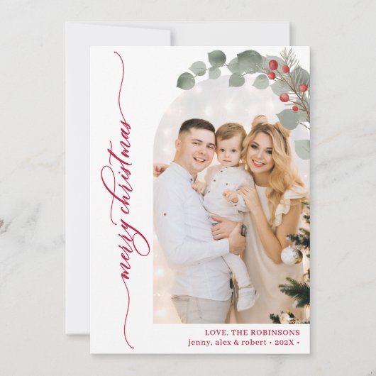 Elegant rood script gebladerte foto boog kerst feestdagenkaart (Voorkant)