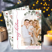 Elegant rood script gebladerte foto boog kerst feestdagenkaart