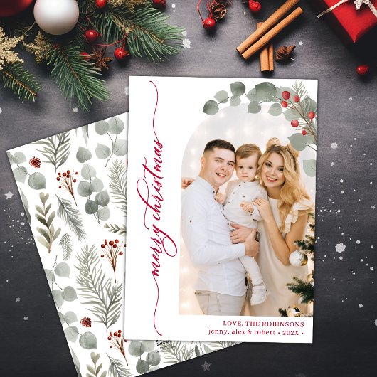 Elegant rood script gebladerte foto boog kerst feestdagenkaart