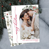 Elegant rood script gebladerte foto boog kerst feestdagenkaart