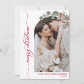 Elegant rood script gebladerte foto boog kerst feestdagenkaart (Voorkant)