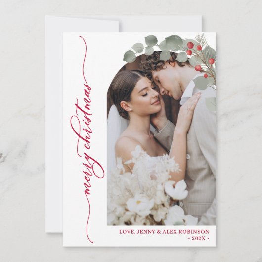 Elegant rood script gebladerte foto boog kerst feestdagenkaart (Voorkant)