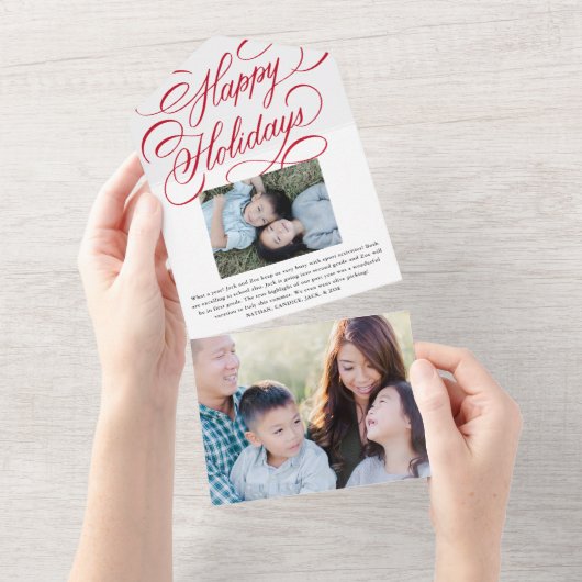 Elegant rood script Happy Holiday fotokaart All In One Uitnodiging (Afscheurbaar)