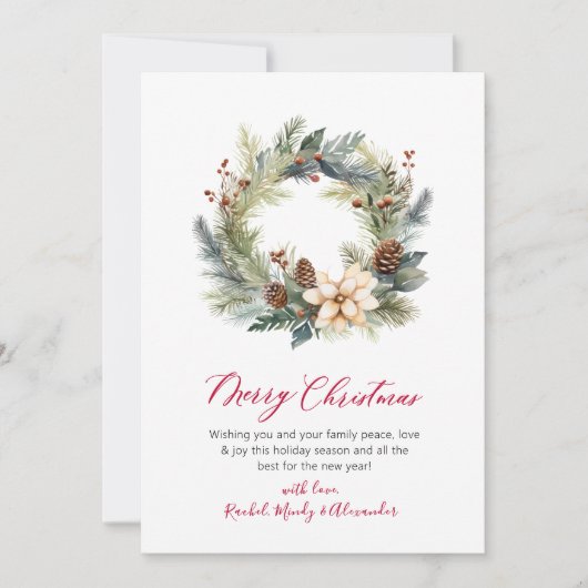 Elegant rood script krans groen kerst Kaart (Voorkant)