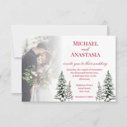 elegant rood script pijnboomboom wintertrouwfoto kaart (Voorkant)