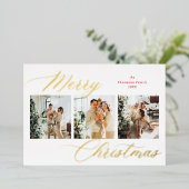 Elegant rood script vrolijke kerst foto collage folie feestdagenkaart (Staand Voorkant)