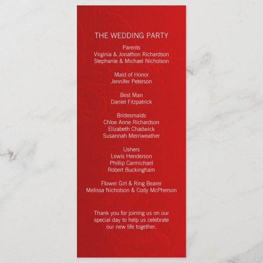 Elegant rood trouwprogramma programmakaart (Achterkant)