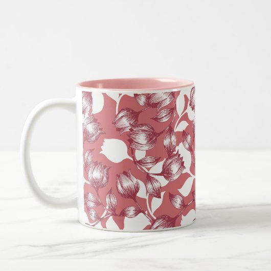 Elegant rood tulp silhouet bloemenpatroon tweekleurige koffiemok (Links)