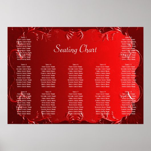 Elegant Rood Wedding Reception Sezing Chart Poster (Voorkant)