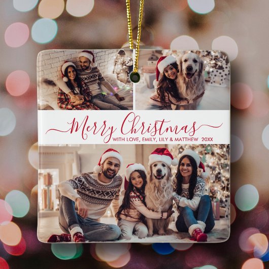 Elegant Rood Wit 3 Foto Collage Kerstmis Keramisch Ornament