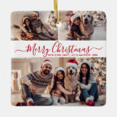 Elegant Rood Wit 3 Foto Collage Kerstmis Keramisch Ornament (Voorkant)