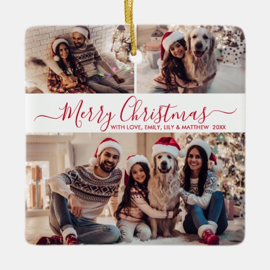 Elegant Rood Wit 3 Foto Collage Kerstmis Keramisch Ornament (Voorkant)