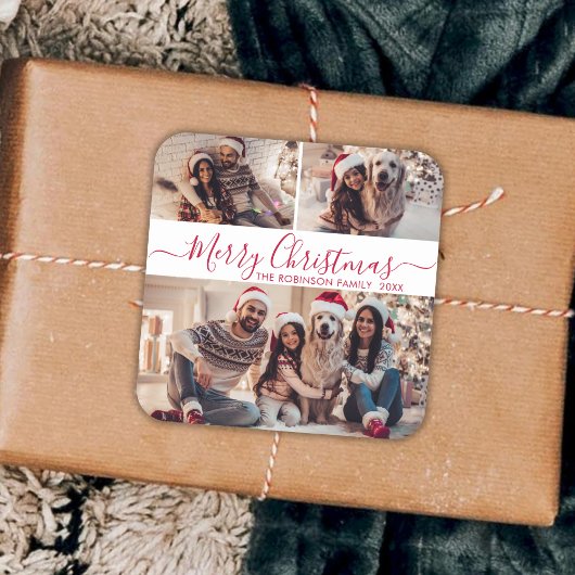 Elegant Rood Wit 3 Foto Collage Kerstmis Vierkante Sticker