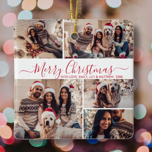 Elegant rood wit 5 foto collage kerst keramisch ornament