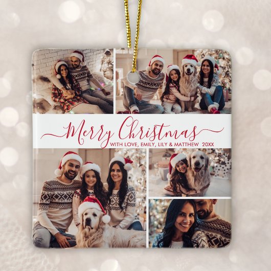 Elegant rood wit 5 foto collage kerst keramisch ornament