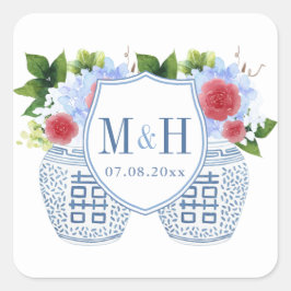 Elegant rood wit blauw bruiloft monogram vierkante sticker